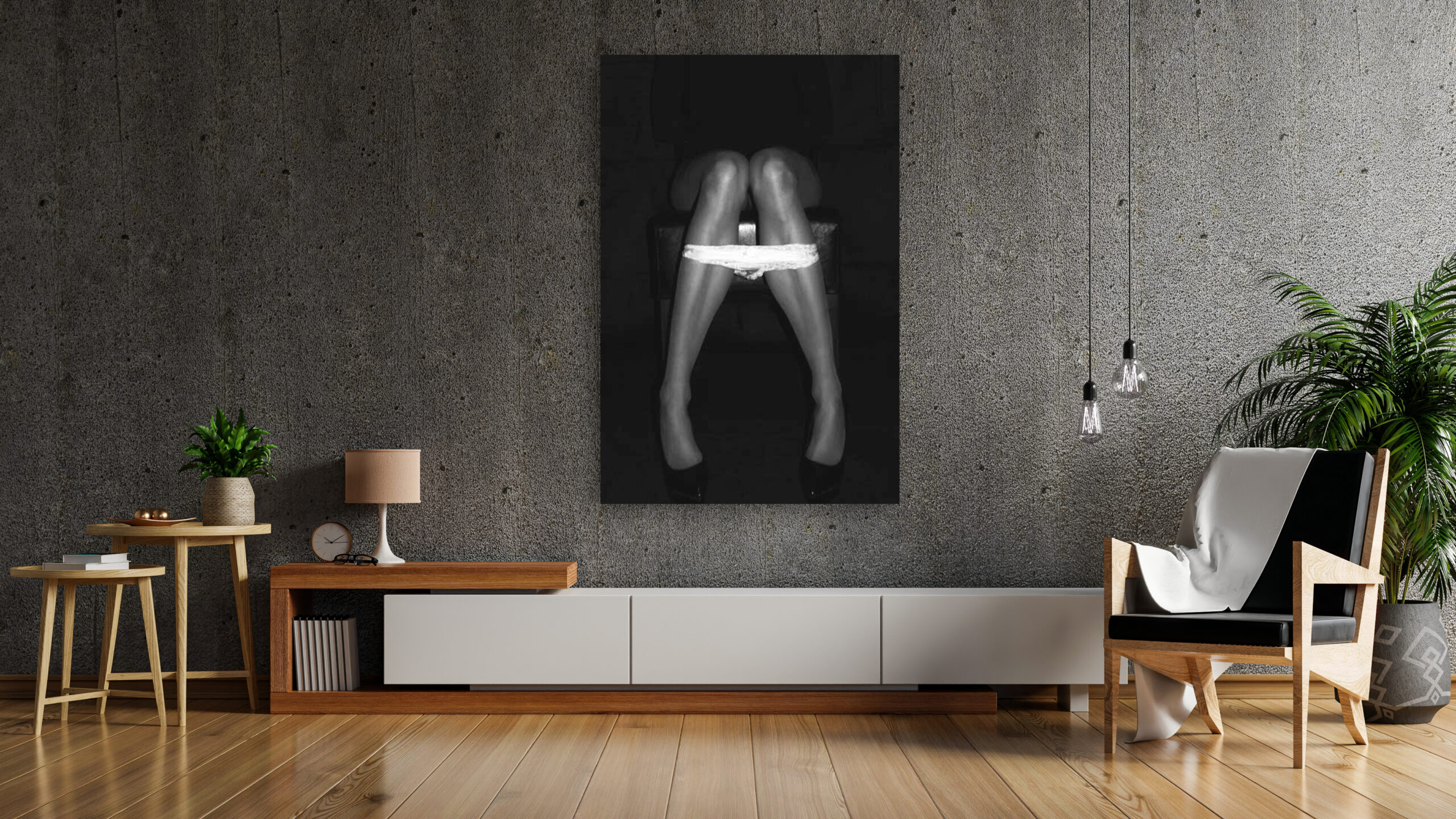 Cabinet TV in modern living room with armchair and plant on conc